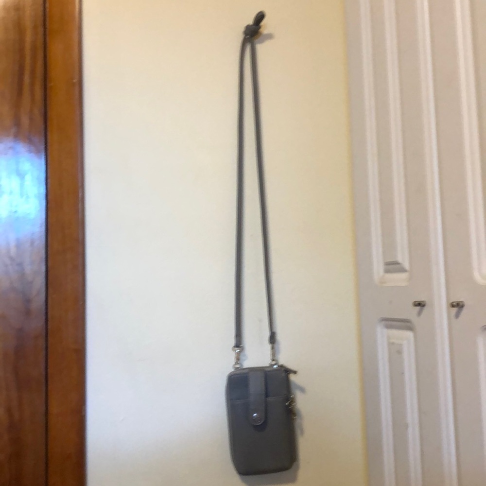 Light gray cellphone purse with silver hardware